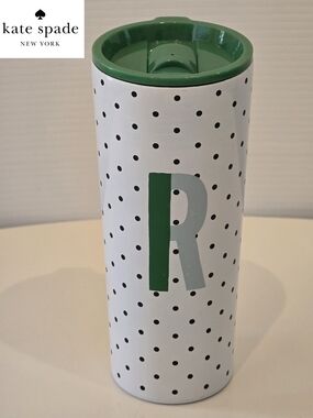 kate spade White Polka Dot Travel Tumbler with Green Lid and R Monogram